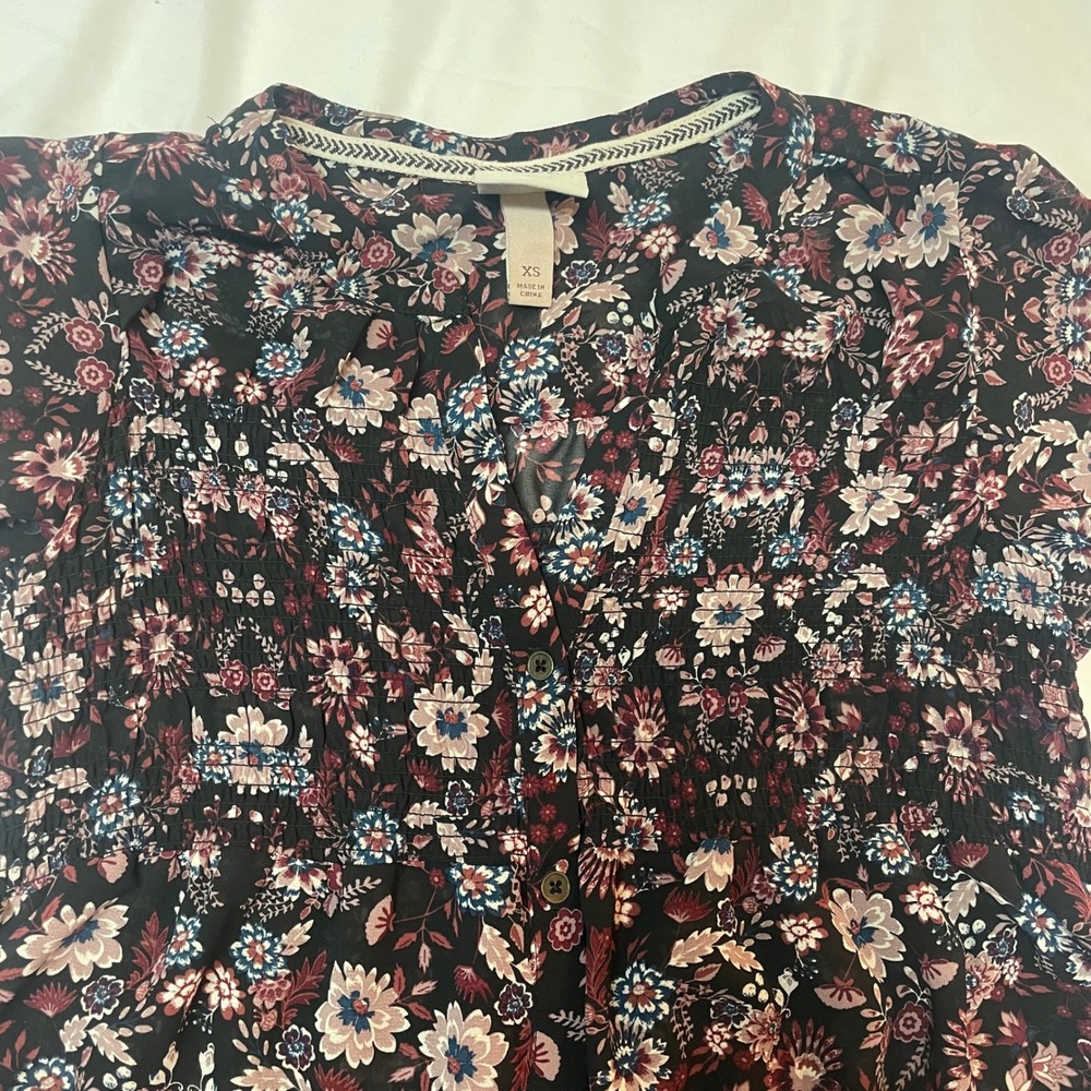 Knox Rose Sheer Floral‎ Print Smocked Waist Button Front Short Sleeve Dress XS